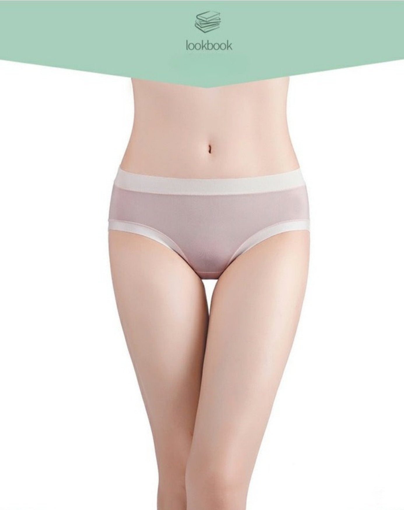 Light nude brief with white trim shown on mannequin, centered product photo with mint green decorative borders