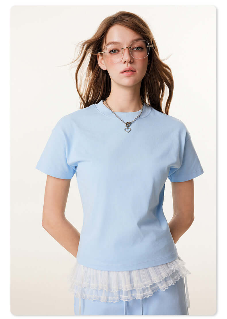 Baby blue top with lace trim