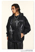 Black hoodie with distressed cross artwork and handwritten text details, shown with matching sweatpants