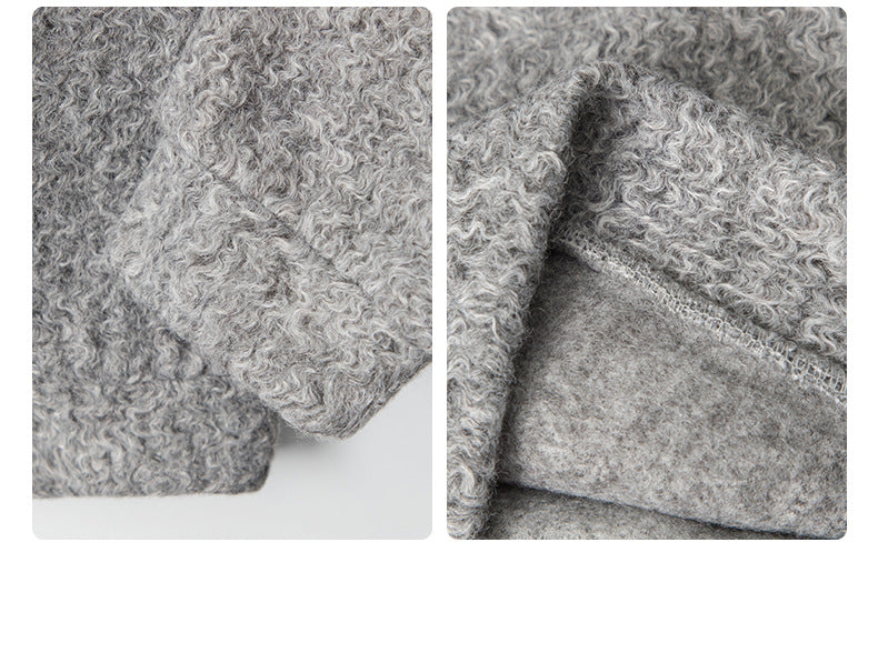 Close-up details of grey hoodie fabric: left image showing textured surface pattern with curly wool-like finish, right image displaying seam construction and interior fabric backing
