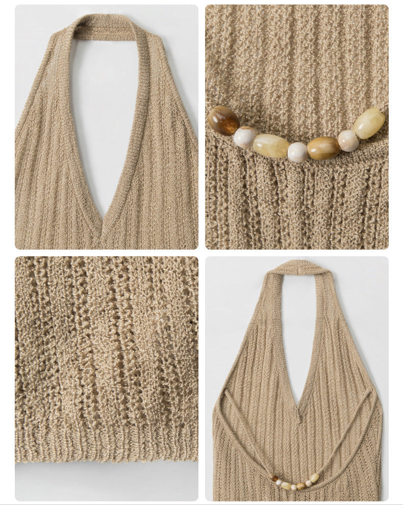 Product collage showing texture, beads, and overall design of halter top