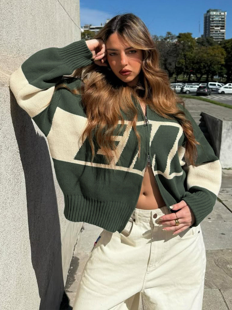 Retro Jacquard Letter Zip Up Sweater – Sporty Colorblock Knit Cardigan