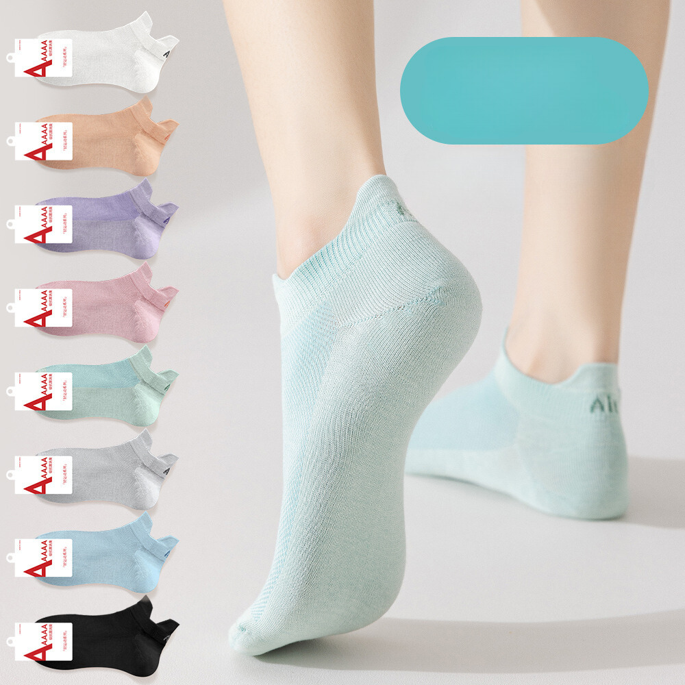 Breathable ankle socks collection in pastel colors with antibacterial cotton fabric, featuring comfort-fit design and brand labels