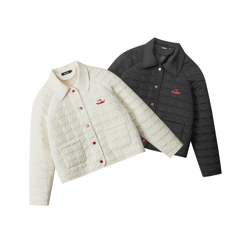 Two quilted jackets, one in white and one in black, both with red embroidery and a visible brand logo on the collar.