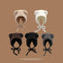 Five plush teddy bear ear hats displayed against a brown background, available in beige, white, dark brown, black, and gray, with tie closures for UV protection