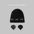 Black knit beanie with three pearl-studded bow decorations, displayed with text "Fashion Trends X Seasonal Trend" and showing two color variations