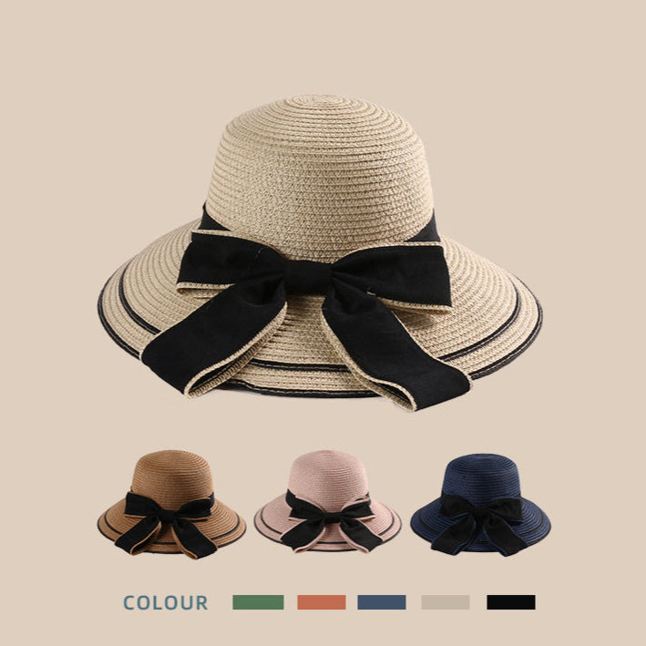 A beige straw sun hat with a black bow, surrounded by smaller images showcasing different available colors.