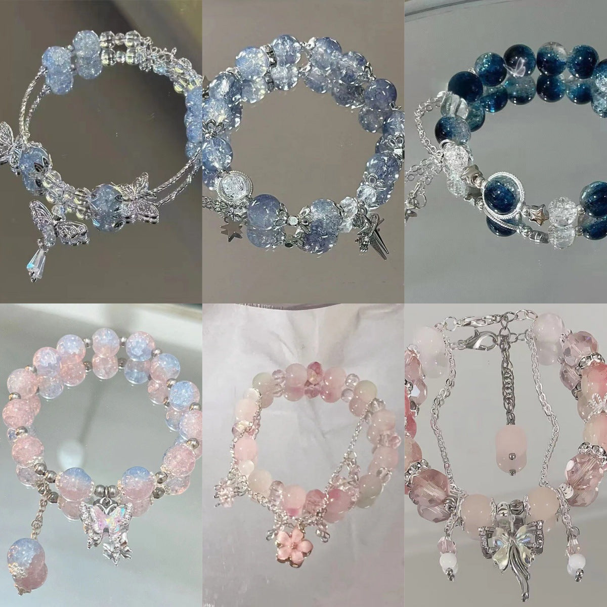 Collection of beaded bracelets featuring crystal beads with butterfly, fairy, and flower charms in blue and pink colors