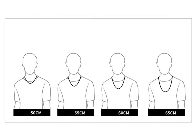 Chain length guide showing necklace lengths from 50cm to 65cm