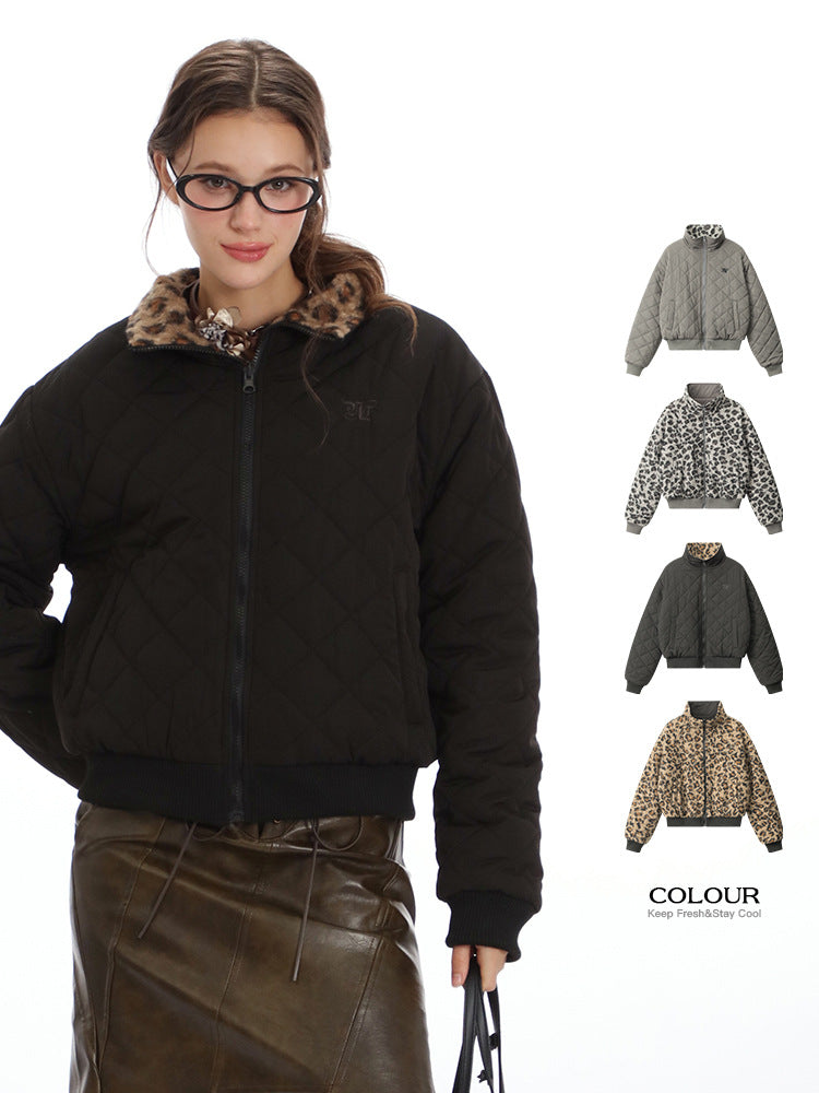 A woman wearing a black quilted bomber jacket with leopard print collar accent paired with a brown leather skirt, showcasing multiple color options in product display