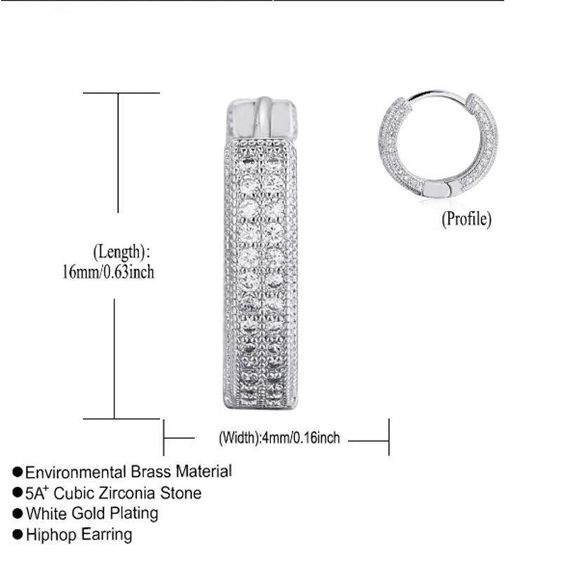 Silver tone huggie hoop earring product specifications showing 16mm length, 4mm width, brass material with cubic zirconia stones and white gold plating