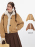 A woman modeling tan shearling bomber jacket with NARI logo, paired with brown pleated skirt and cream bag, with color options shown