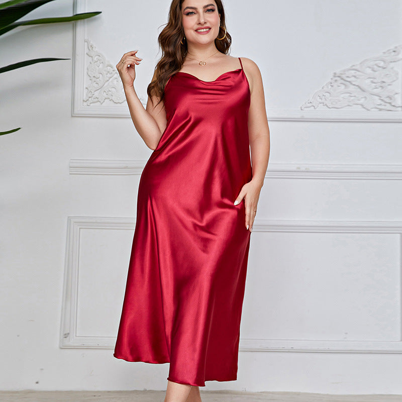 Plus-Size Satin-Feel Long Dress with V-Neck and Sleeveless Design