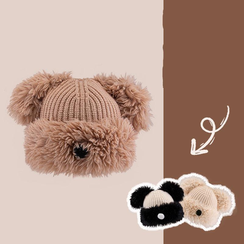 Adorable Dog Nose Plush Knit Beanie in khaki with fluffy pom pom ears and knitted ribbed design, featuring faux fur face detail