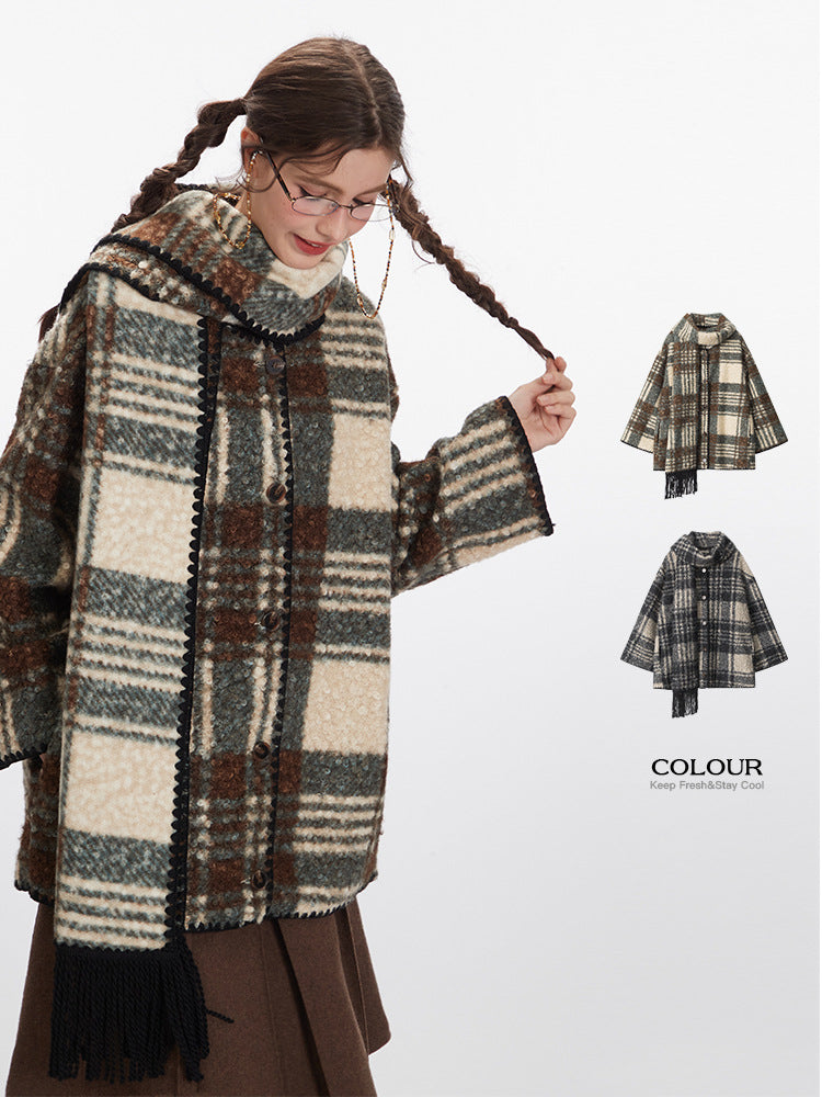 Plaid Pattern Mid-Length Coat with Scarf Collar