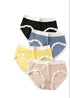 Collection of mid-rise briefs featuring white contrast trim, shown in black, blue, yellow, and beige colors.