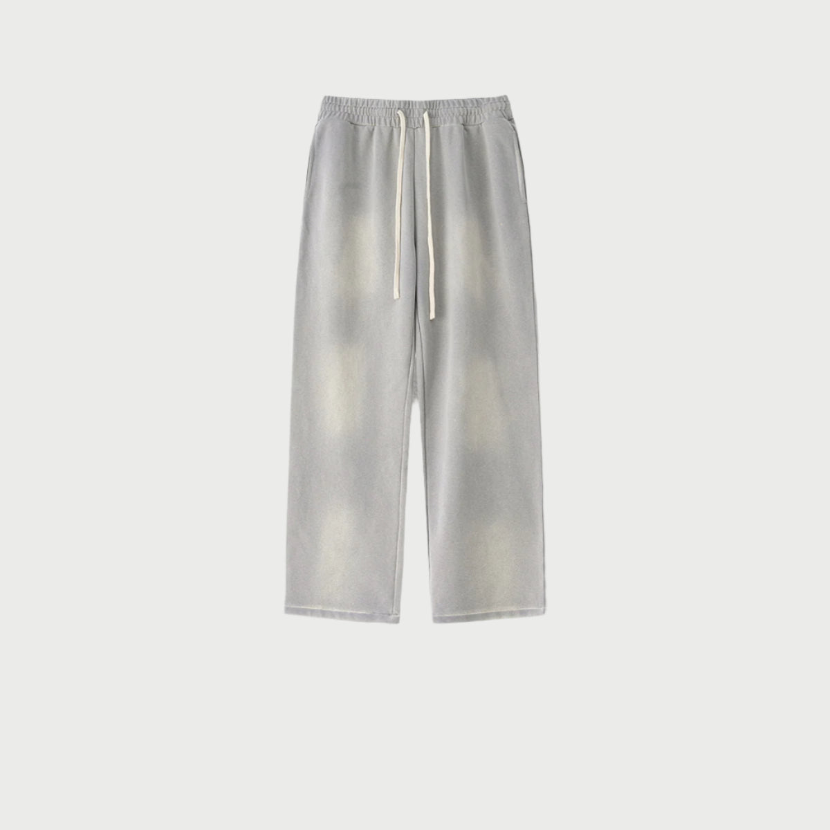 Light grey drawstring sweatpants with elastic waistband and relaxed straight-leg fit
