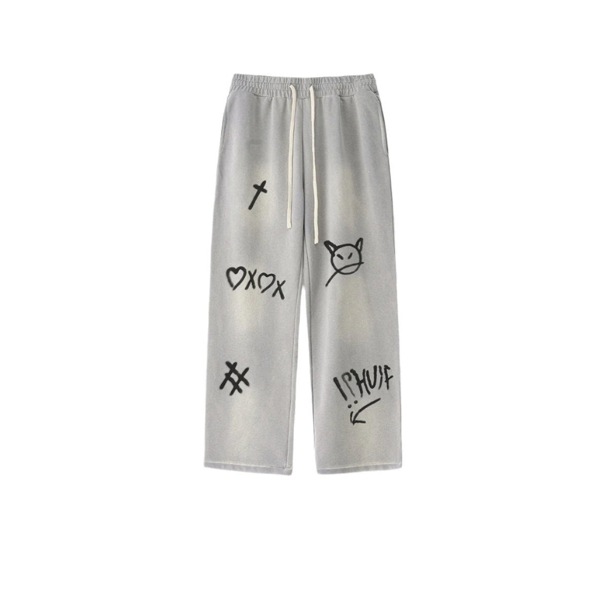 Light gray sweatpants with drawstring waistband featuring black hand-drawn graffiti symbols and text on white background
