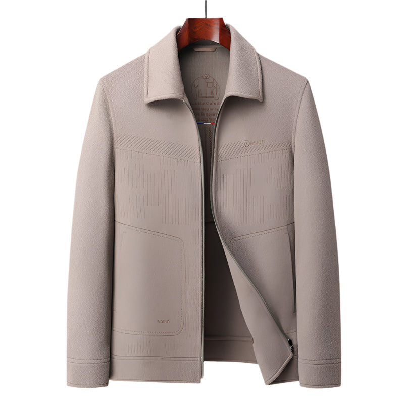 Beige lightweight wool zippered jacket with subtle textured pattern and stand collar displayed on wooden hanger