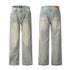 Front and back view of light blue faded wide-leg jeans with traditional pocket placement and branded leather patch on white background