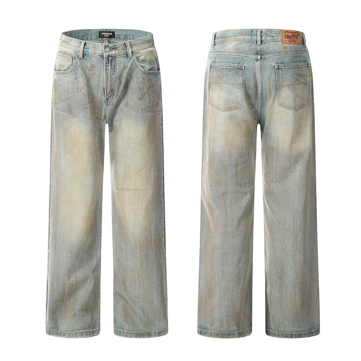 Front and back view of light blue faded wide-leg jeans with traditional pocket placement and branded leather patch on white background