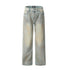 Image 1: "Product shot of light wash wide-leg denim jeans with straight silhouette and classic five-pocket design on white background