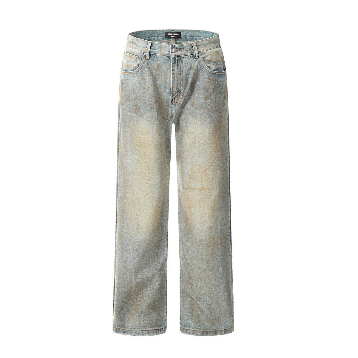 Image 1: "Product shot of light wash wide-leg denim jeans with straight silhouette and classic five-pocket design on white background