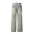 Back view of light wash straight-leg jeans with standard rear pockets and leather brand patch displayed on white background