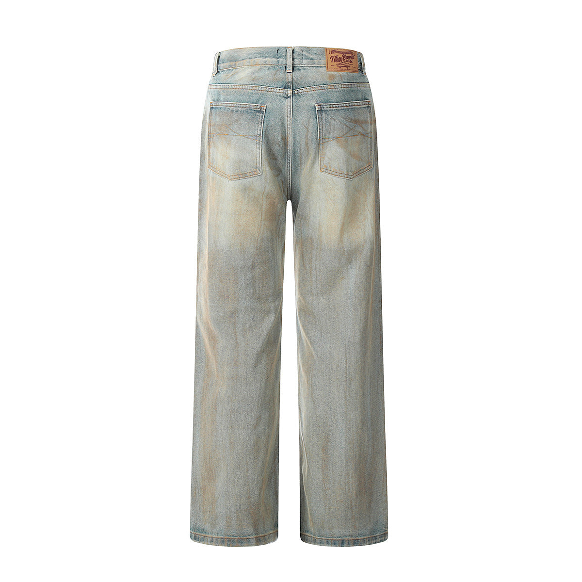 Back view of light wash straight-leg jeans with standard rear pockets and leather brand patch displayed on white background