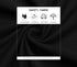 Black fabric swatch showing safety features: comfortable, ventilation, soft fabric and harmless material properties