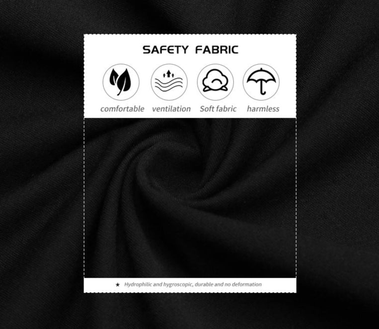 Black fabric swatch showing safety features: comfortable, ventilation, soft fabric and harmless material properties