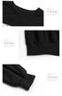 Product details showing ribbed crew neckline and cuffs of black sweatshirt with quality construction highlights