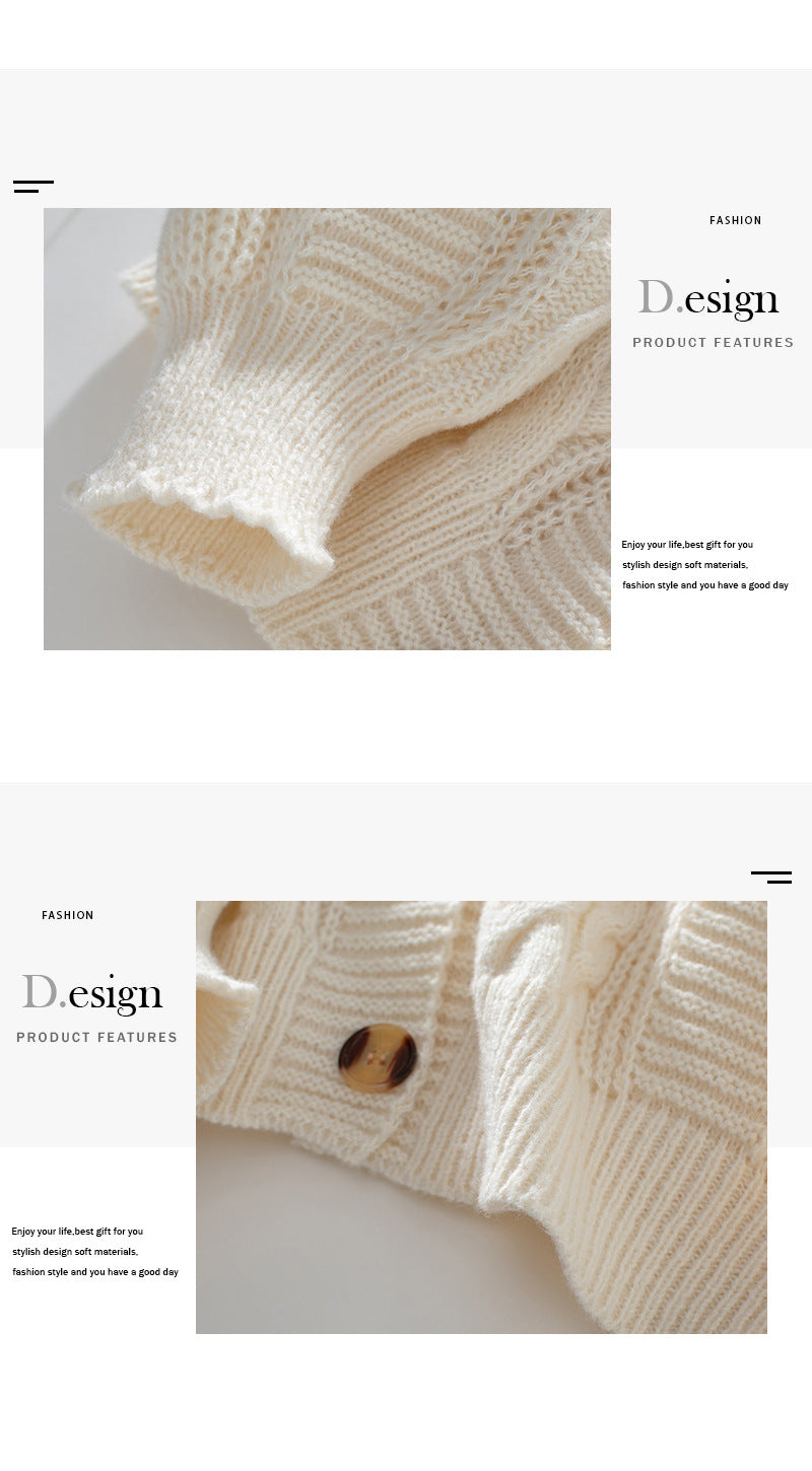 Close-up of ivory knit cardigan button and textured fabric, fashion design details