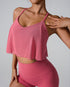 Flowy cropped camisole with cross-back design in dragon fruit pink, style F2277, shown with color swatches