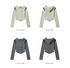 A product layout showing beige and gray cropped hooded jackets with shoulder accents, displayed from front and back views