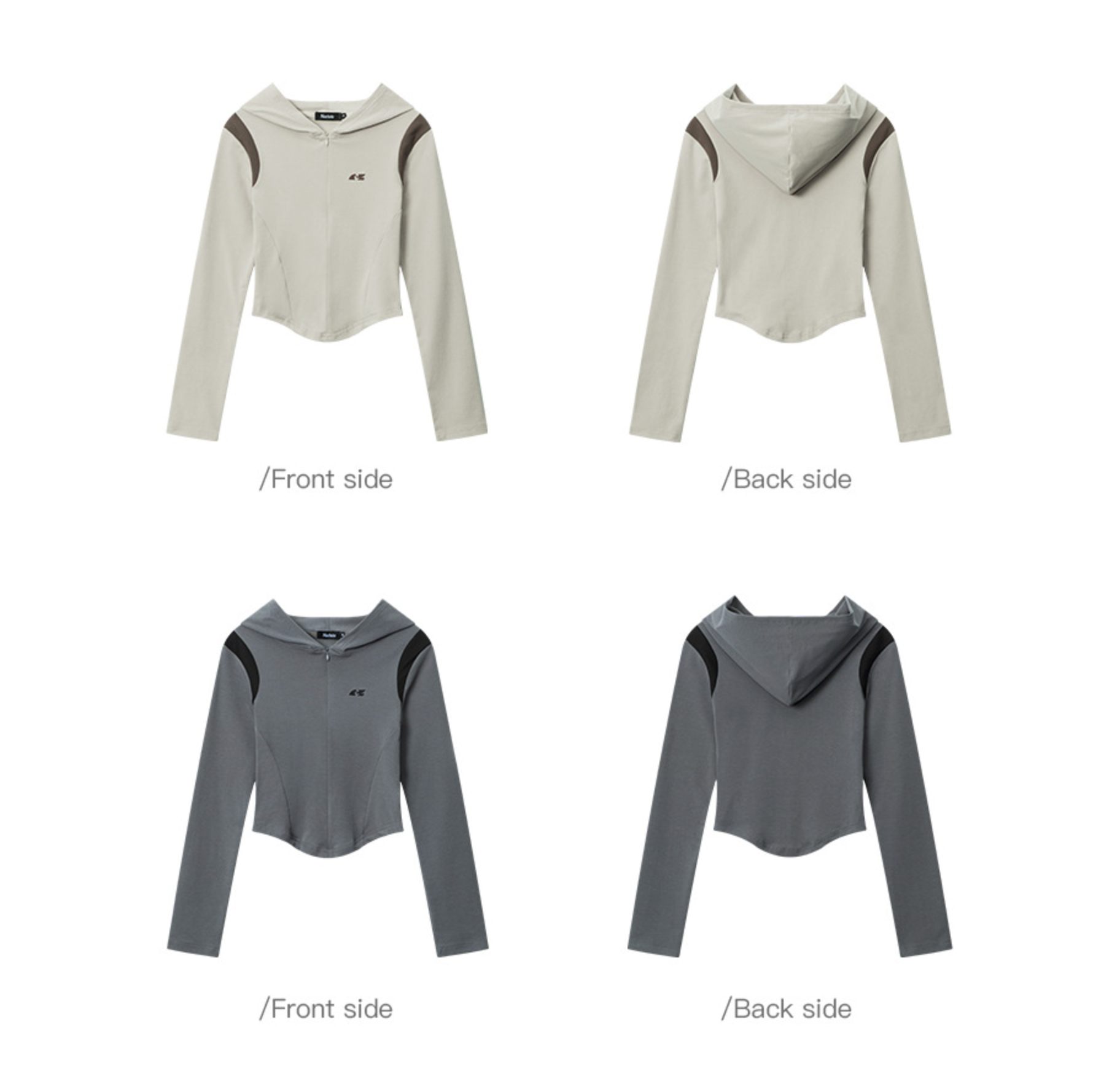 A product layout showing beige and gray cropped hooded jackets with shoulder accents, displayed from front and back views