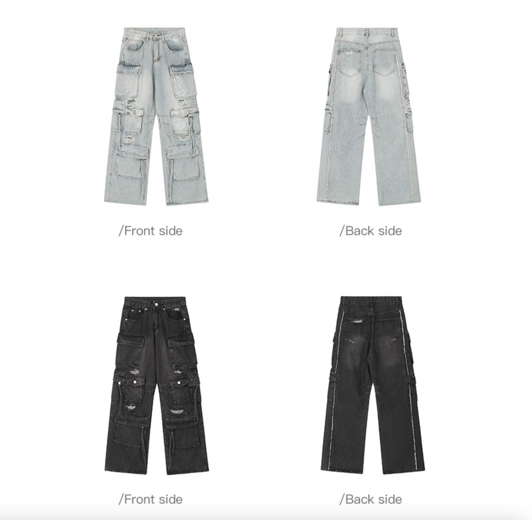 Product image showing front and back views of light wash and black distressed cargo jeans with multiple pockets against white background.