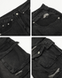 Close-up details of black distressed denim showing pocket construction, button closure and distressed elements