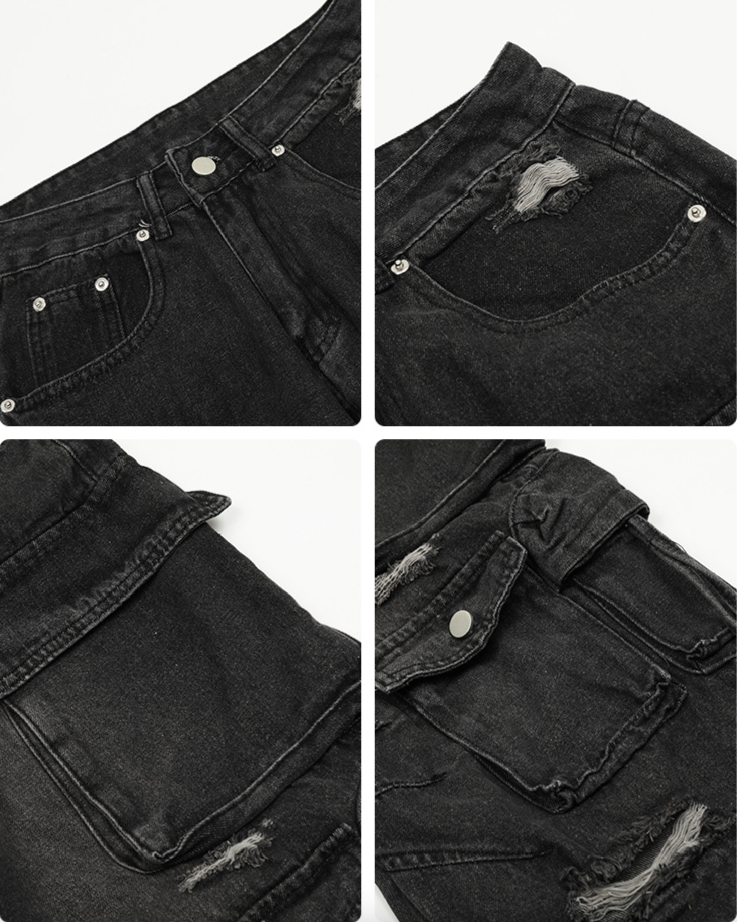 Close-up details of black distressed denim showing pocket construction, button closure and distressed elements