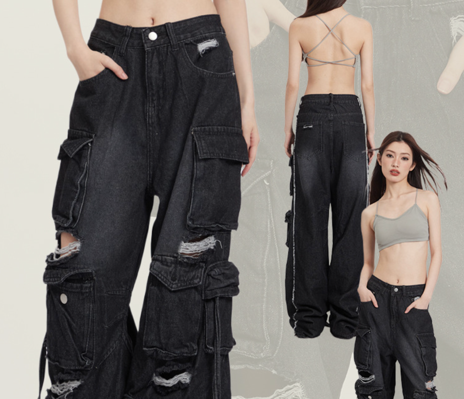 Multiple views of black distressed cargo pants with pocket details on model wearing grey crop top against studio background