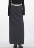 Side view of charcoal gray midi skirt with draped design and elegant layered details