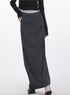 Close-up of sleek gray midi skirt with asymmetrical ruched panels and decorative buttons