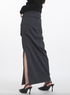Light gray midi skirt with strategic ruching and side button embellishments, creating dynamic texture