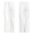 A front and back view of white wide-leg cargo pants with large side pockets and a relaxed fit, displayed against a plain background