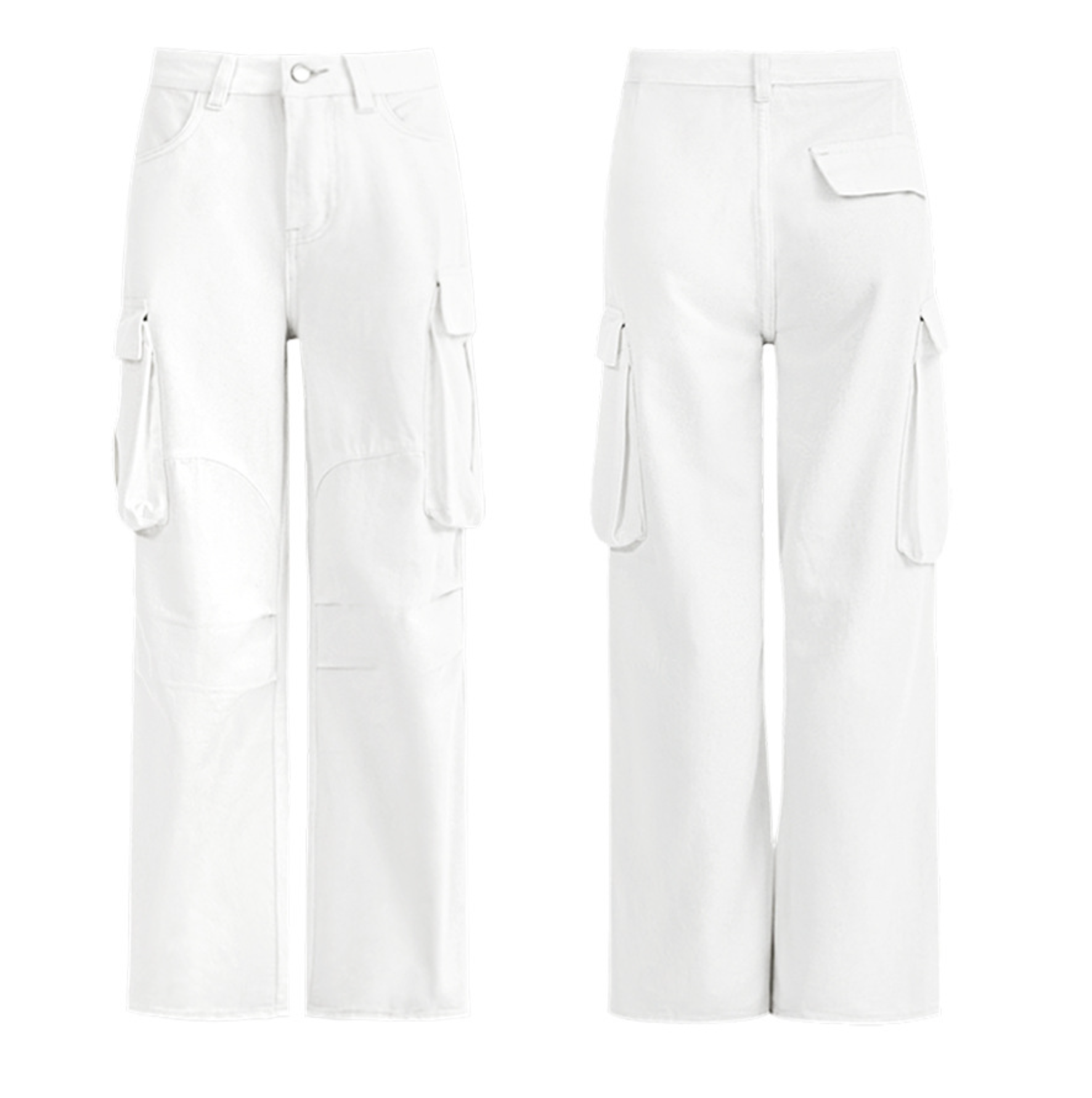 A front and back view of white wide-leg cargo pants with large side pockets and a relaxed fit, displayed against a plain background