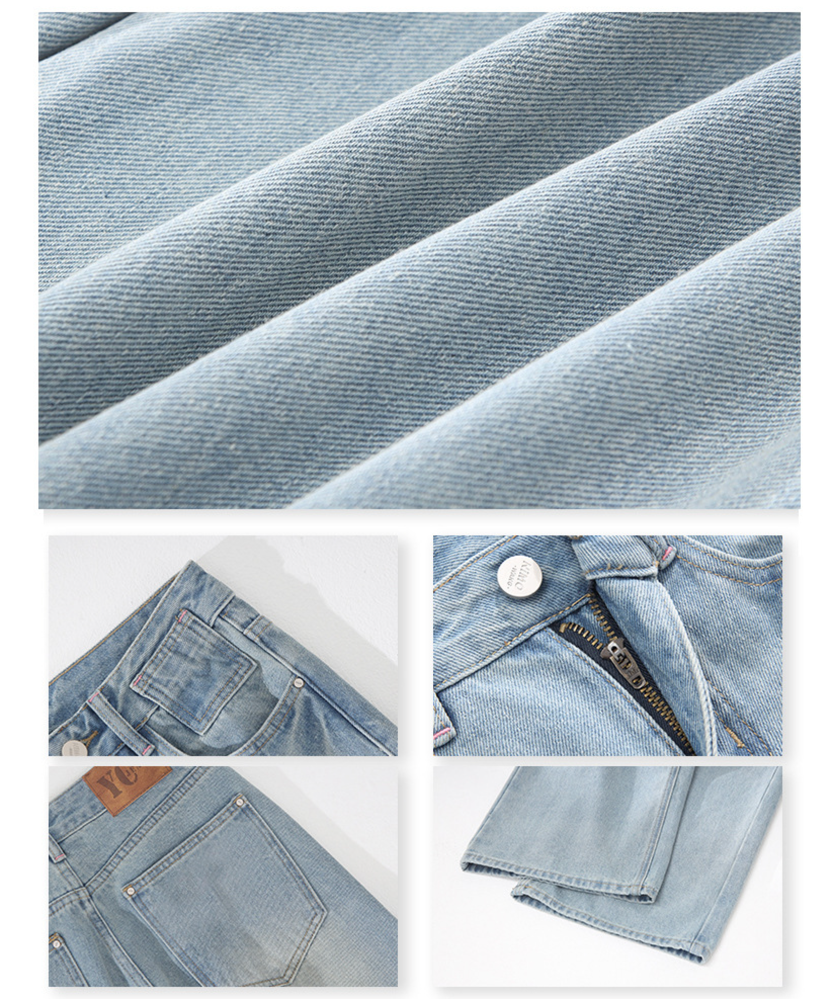 Detail shots of denim texture, pocket construction, zipper hardware, and hem finish in light wash jeans