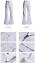 Product details of white flare jeans showing zipper, button closure, and stitching details in multiple close-up views