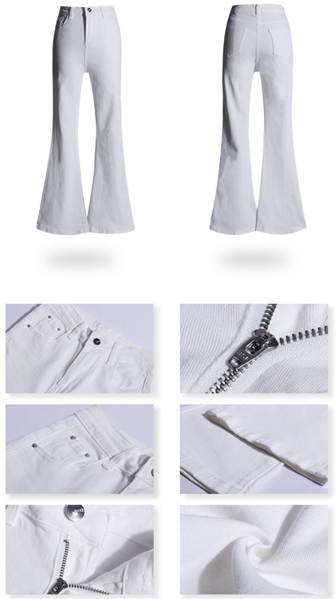 Product details of white flare jeans showing zipper, button closure, and stitching details in multiple close-up views