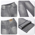 Detail collage of gray wide-leg jeans showing waistband, leg design, back pockets with leather patch, and folded hem