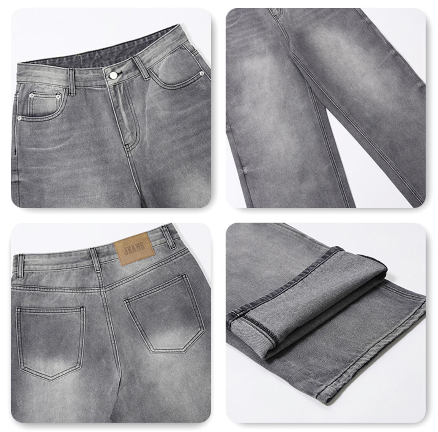 Detail collage of gray wide-leg jeans showing waistband, leg design, back pockets with leather patch, and folded hem